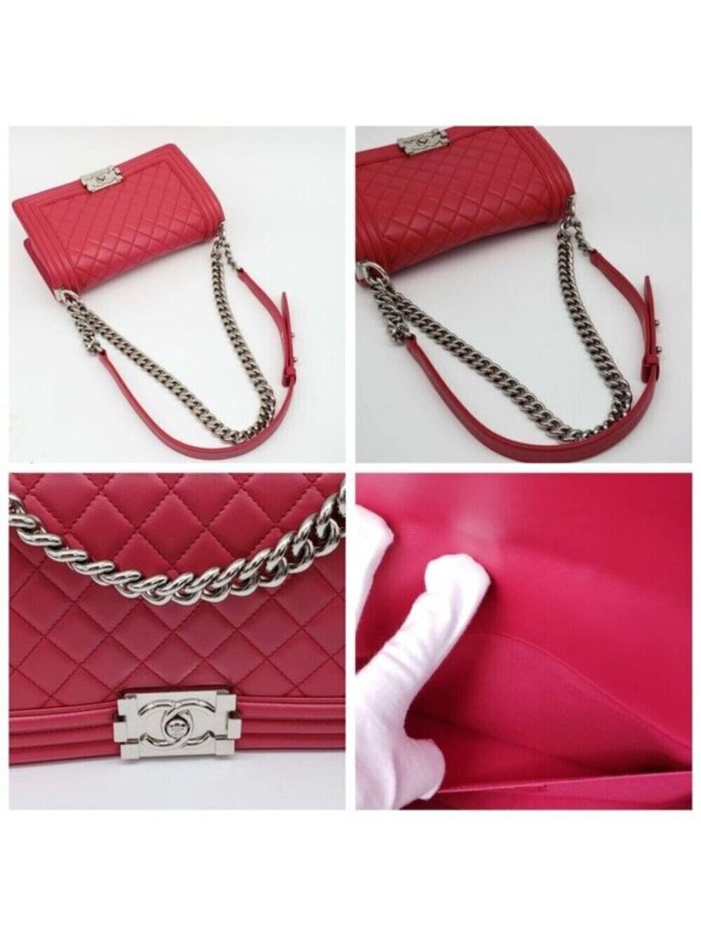 Authentic Chanel Boy Bag Red Quilted Leather Medium Flap Silver Chain CC Logo - Picture 10 of 16